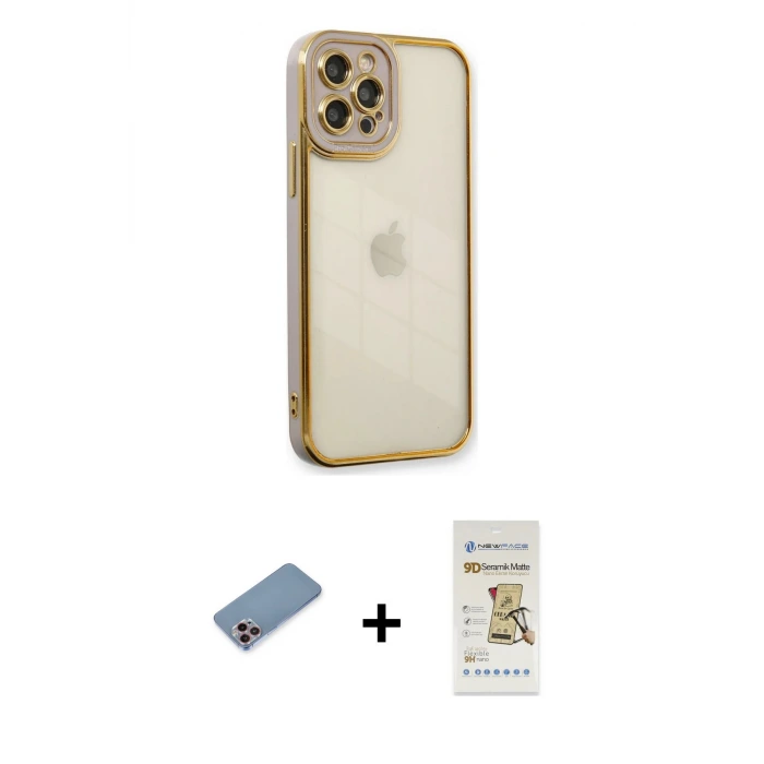 ieg™ iPhone 12 Pro Max Kılıf Çekirdek Klasik Serisi - Siyah Mat Seramik Nano Ekran Koruyucu + Shine Kamera Lens Koruma Cam - PE