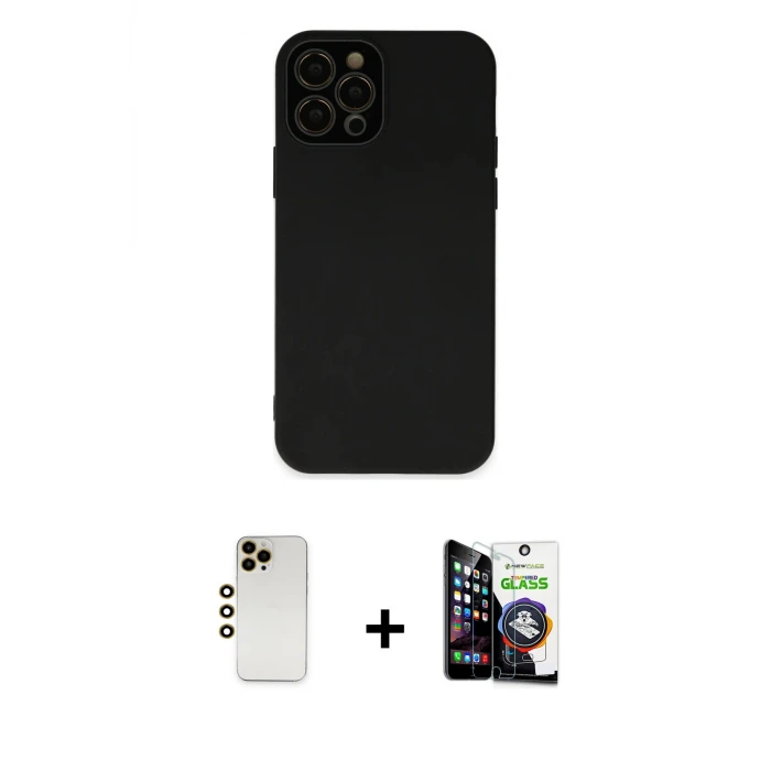 ieg™ iPhone 12 Pro Max Kılıf Çekirdek Modern Serisi - Şeffaf Temperli Cam Ekran Koruyucu + Shine Kamera Lens - GD