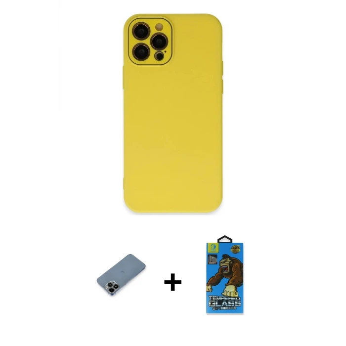 ieg™ iPhone 12 Pro Max Kılıf Çekirdek Modern Serisi - Siyah 18D Cam Ekran Koruyucu + Shine Kamera Lens Koruma Cam - SH