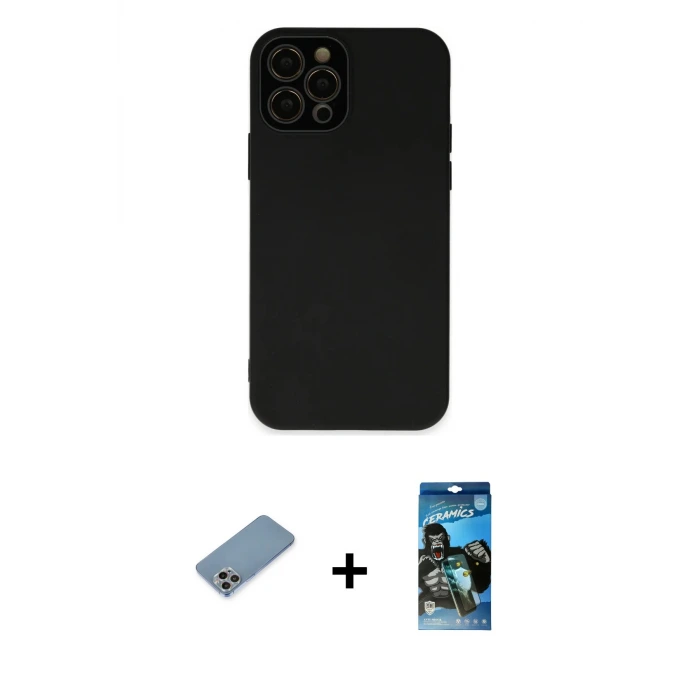 ieg™ iPhone 12 Pro Max Kılıf Çekirdek Modern Serisi - Siyah 34D Izgaralı Cam + Shine Kamera Lens Koruma Cam - GI