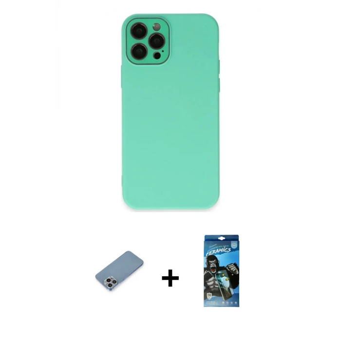 ieg™ iPhone 12 Pro Max Kılıf Çekirdek Modern Serisi - Siyah 34D Izgaralı Cam + Shine Kamera Lens Koruma Cam - GI