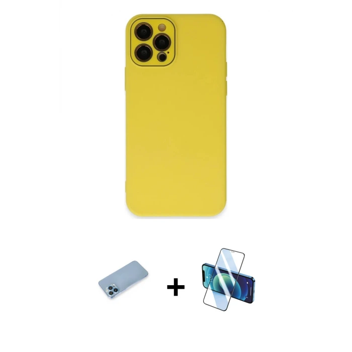 ieg™ iPhone 12 Pro Max Kılıf Çekirdek Modern Serisi - Siyah 3D Antistatik Seramik Nano Ekran Koruyucu + Shine Kamera Lens Koruma Cam - MI