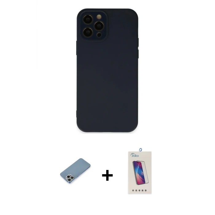ieg™ iPhone 12 Pro Max Kılıf Çekirdek Modern Serisi - Siyah Joko 5D Cam + Shine Kamera Lens Koruma Cam - GI