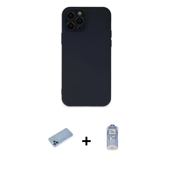 ieg™ iPhone 12 Pro Max Kılıf Çekirdek Modern Serisi - Siyah Joko Magic 5D Cam + Shine Kamera Lens Koruma Cam - MI