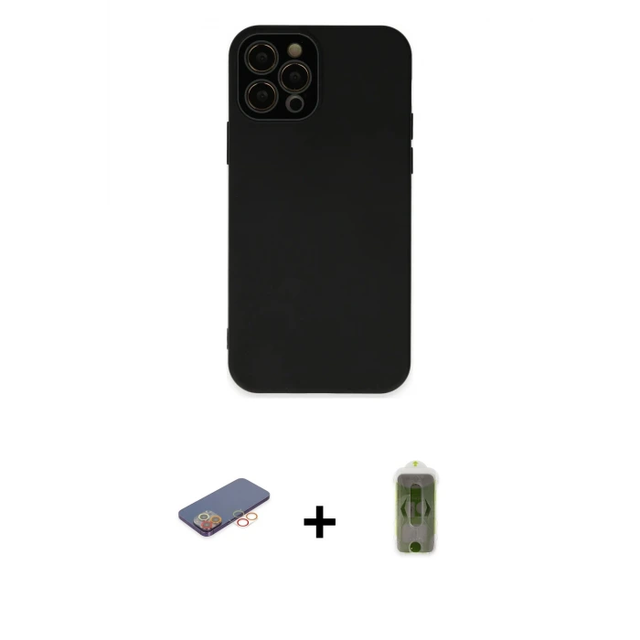 ieg™ iPhone 12 Pro Max Kılıf Çekirdek Modern Serisi - Siyah Joko Magic 5D Hayalet Cam + Renkli Kamera Lens Koruma Cam - TU