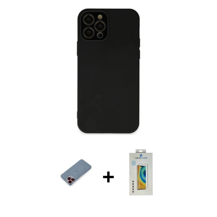 ieg™ iPhone 12 Pro Max Kılıf Çekirdek Modern Serisi - Siyah Polymer Nano Ekran Koruyucu + Metal Kamera Lens Koruma Cam - KI