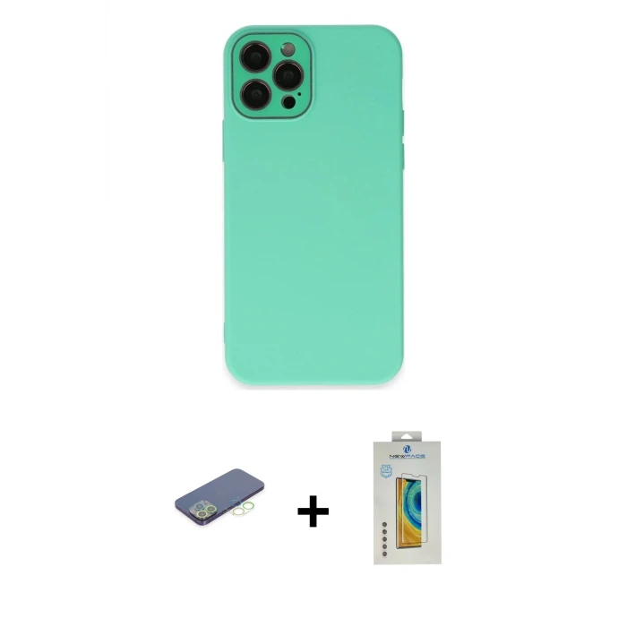 ieg™ iPhone 12 Pro Max Kılıf Çekirdek Modern Serisi - Siyah Polymer Nano Ekran Koruyucu + Renkli Kamera Lens Koruma Cam - YL