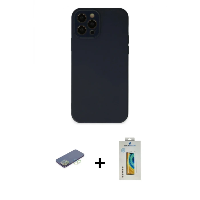 ieg™ iPhone 12 Pro Max Kılıf Çekirdek Modern Serisi - Siyah Polymer Nano Ekran Koruyucu + Renkli Kamera Lens Koruma Cam - YL