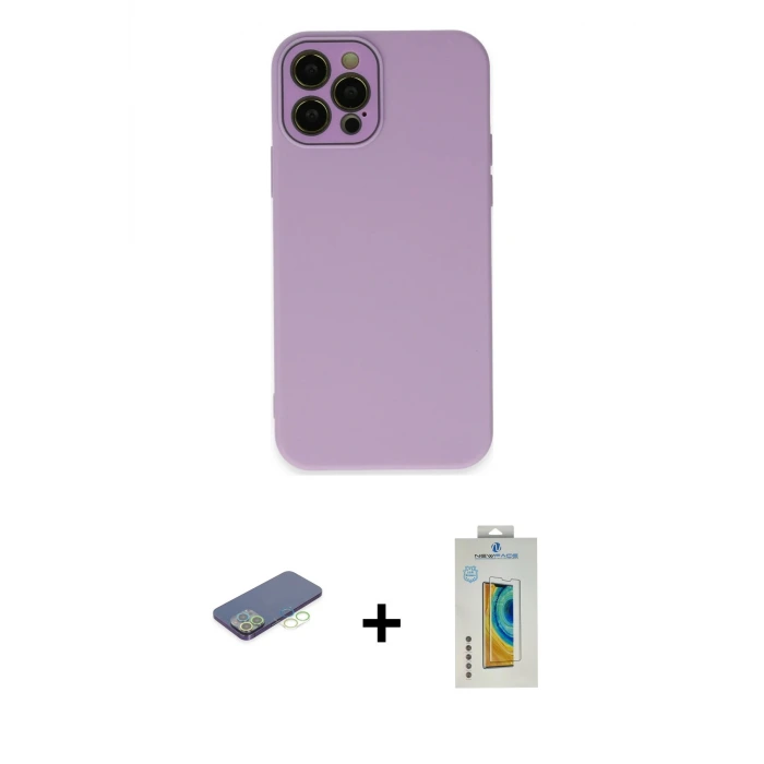 ieg™ iPhone 12 Pro Max Kılıf Çekirdek Modern Serisi - Siyah Polymer Nano Ekran Koruyucu + Renkli Kamera Lens Koruma Cam - YL