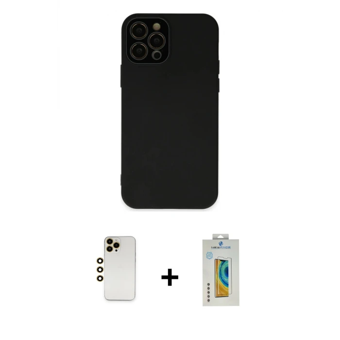 ieg™ iPhone 12 Pro Max Kılıf Çekirdek Modern Serisi - Siyah Polymer Nano Ekran Koruyucu + Shine Kamera Lens - GD