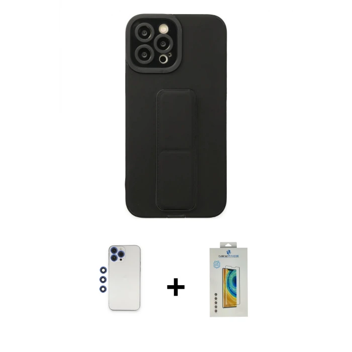 ieg™ iPhone 12 Pro Max Kılıf Çekirdek Yansıma - Siyah Polymer Nano Ekran Koruyucu + Shine Kamera Lens - LT