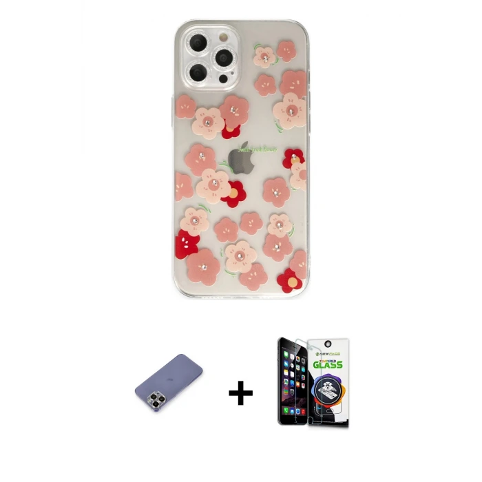 ieg™ iPhone 12 Pro Max Kılıf Eksen Asil Prime - Şeffaf Temperli Cam Ekran Koruyucu + Metal Kamera Lens Koruma Cam - GD