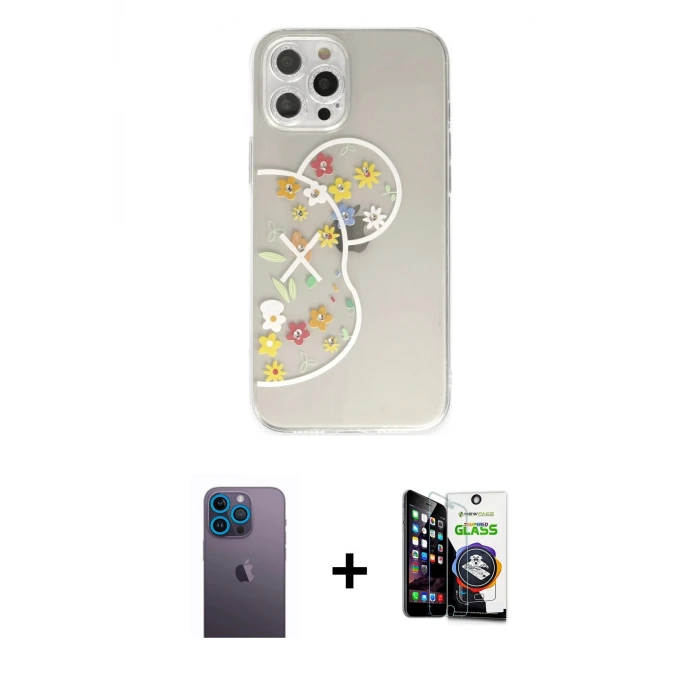 ieg™ iPhone 12 Pro Max Kılıf Eksen Asil Prime - Şeffaf Temperli Cam Ekran Koruyucu + Neon Fosforlu Kamera Lens - MI