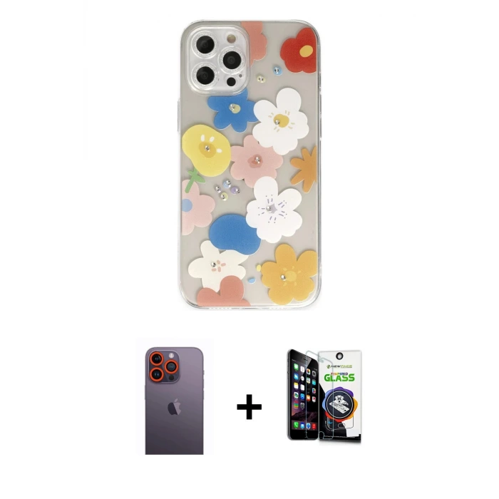 ieg™ iPhone 12 Pro Max Kılıf Eksen Asil Prime - Şeffaf Temperli Cam Ekran Koruyucu + Neon Fosforlu Kamera Lens - TU