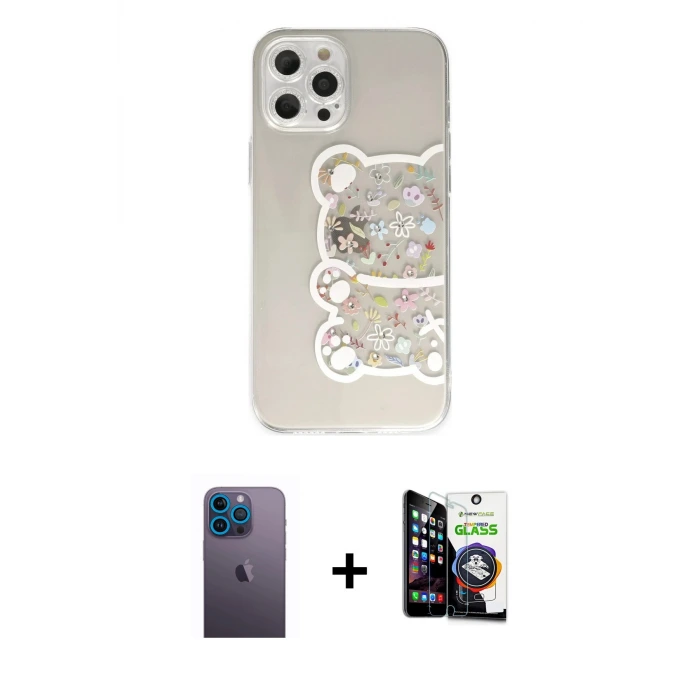 ieg™ iPhone 12 Pro Max Kılıf Eksen Asil Prime - Şeffaf Temperli Cam Ekran Koruyucu + Neon Fosforlu Kamera Lens - MI