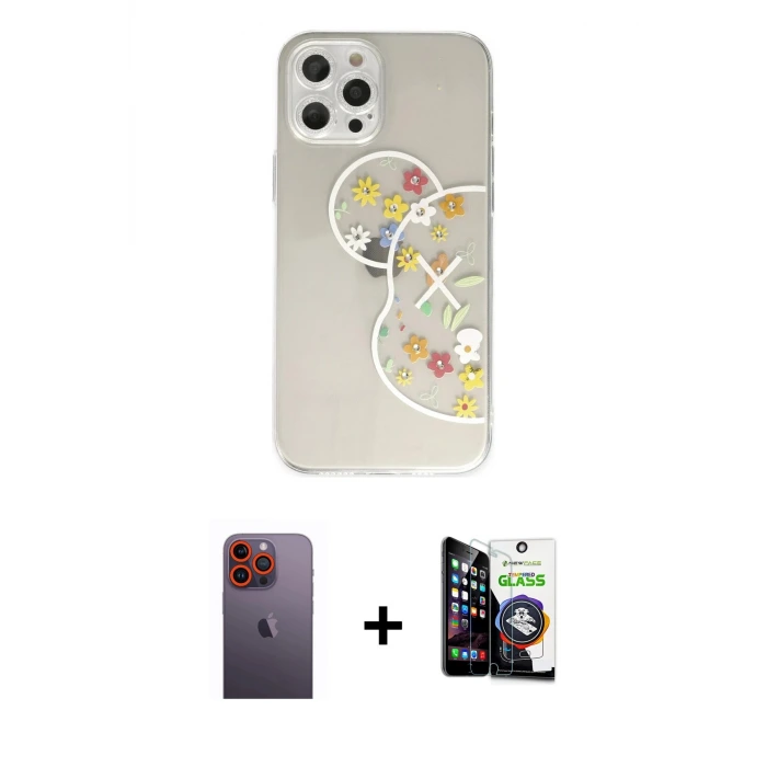 ieg™ iPhone 12 Pro Max Kılıf Eksen Asil Prime - Şeffaf Temperli Cam Ekran Koruyucu + Neon Fosforlu Kamera Lens - TU