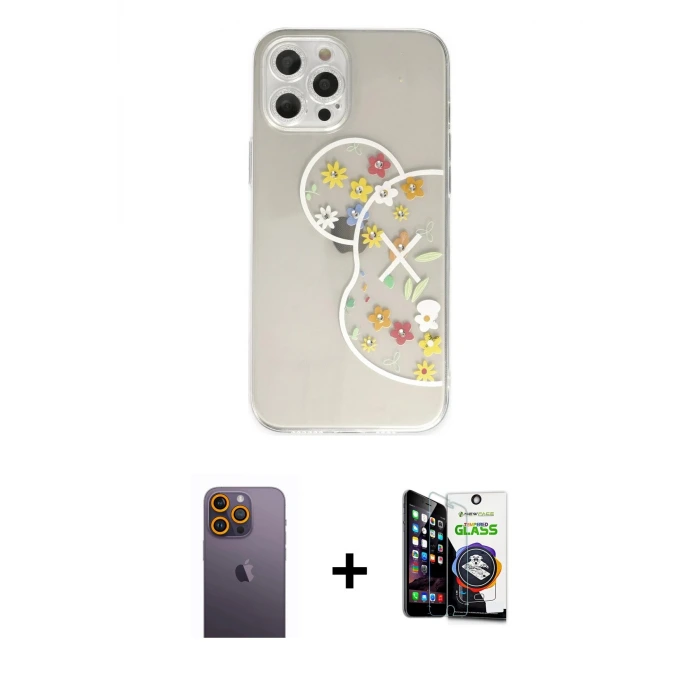 ieg™ iPhone 12 Pro Max Kılıf Eksen Asil Prime - Şeffaf Temperli Cam Ekran Koruyucu + Neon Fosforlu Kamera Lens - SI