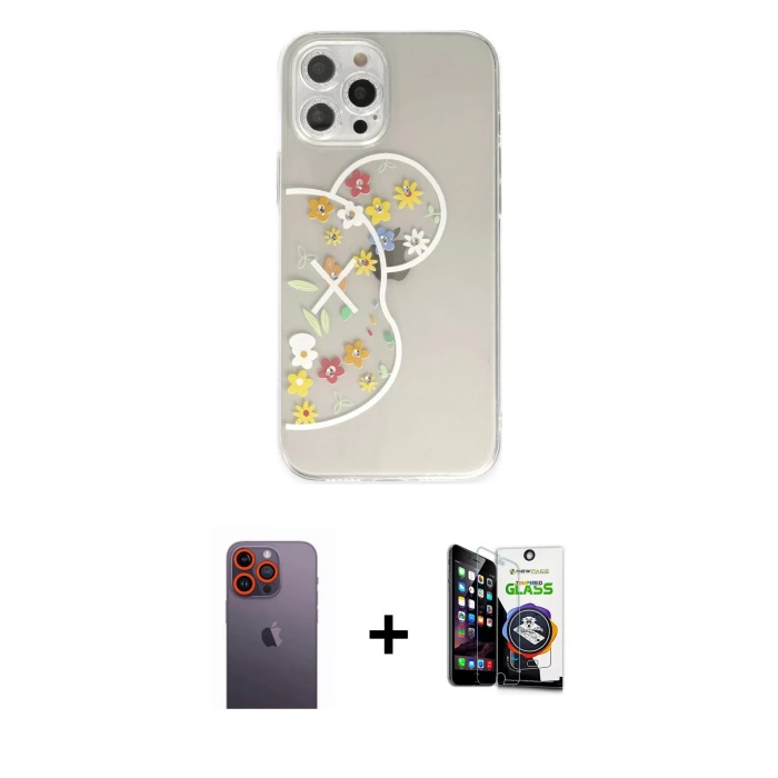 ieg™ iPhone 12 Pro Max Kılıf Eksen Asil Prime - Şeffaf Temperli Cam Ekran Koruyucu + Neon Fosforlu Kamera Lens - TU