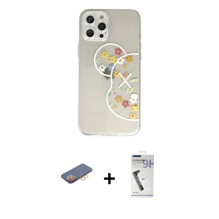 ieg™ iPhone 12 Pro Max Kılıf Eksen Asil Prime - Şeffaf Uv Polymer Nano Ekran Koruyucu + Renkli Kamera Lens Koruma Cam - TU