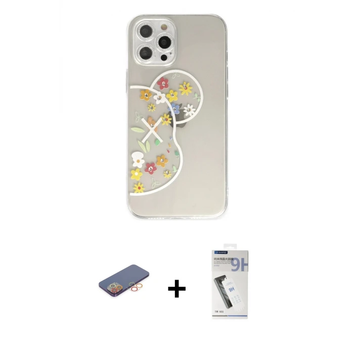 ieg™ iPhone 12 Pro Max Kılıf Eksen Asil Prime - Şeffaf Uv Polymer Nano Ekran Koruyucu + Renkli Kamera Lens Koruma Cam - TU