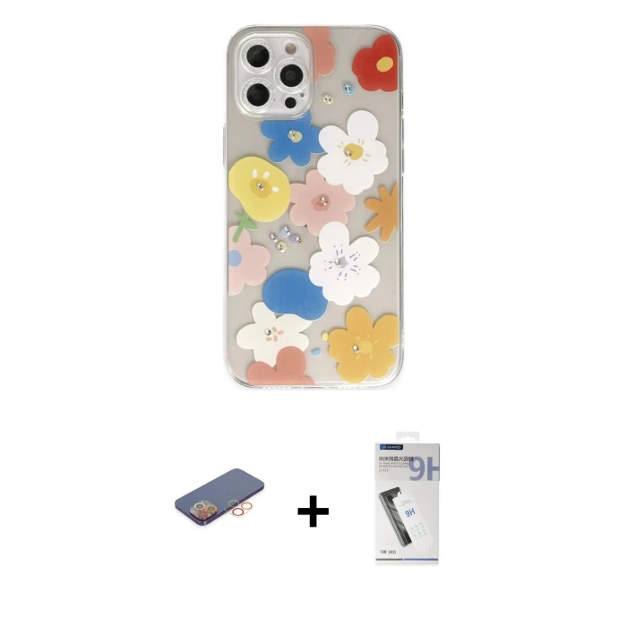 ieg™ iPhone 12 Pro Max Kılıf Eksen Asil Prime - Şeffaf Uv Polymer Nano Ekran Koruyucu + Renkli Kamera Lens Koruma Cam - TU