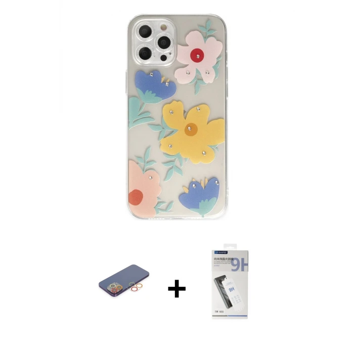 ieg™ iPhone 12 Pro Max Kılıf Eksen Asil Prime - Şeffaf Uv Polymer Nano Ekran Koruyucu + Renkli Kamera Lens Koruma Cam - TU