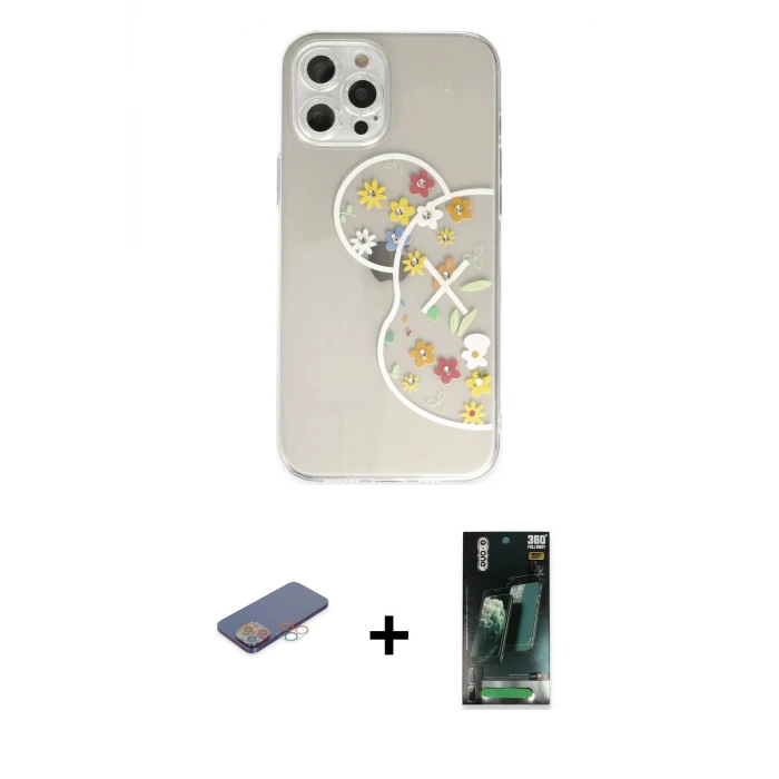 ieg™ iPhone 12 Pro Max Kılıf Eksen Asil Prime - Siyah 360 Mat Full Body Arka Koruyucu + Renkli Kamera Lens Koruma Cam - PE