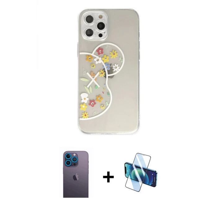 ieg™ iPhone 12 Pro Max Kılıf Eksen Asil Prime - Siyah 3D Antistatik Seramik Nano Ekran Koruyucu + Neon Fosforlu Kamera Lens - MI