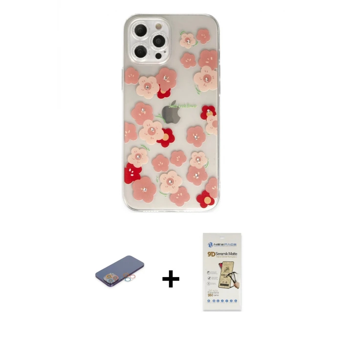 ieg™ iPhone 12 Pro Max Kılıf Eksen Asil Prime - Siyah Mat Seramik Nano Ekran Koruyucu + Renkli Kamera Lens Koruma Cam - PE