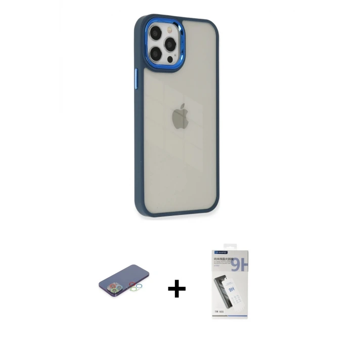 ieg™ iPhone 12 Pro Max Kılıf Eksen Doku Prime - Şeffaf Uv Polymer Nano Ekran Koruyucu + Renkli Kamera Lens Koruma Cam - MI