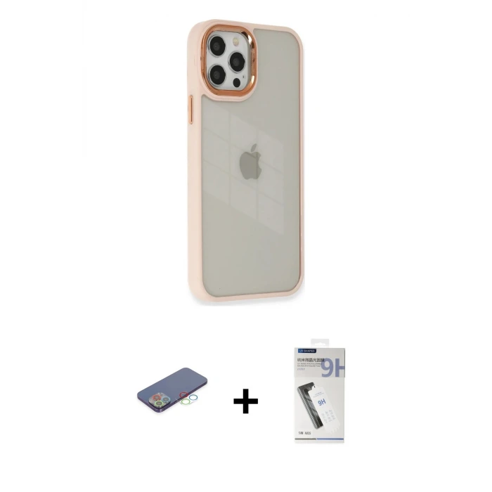 ieg™ iPhone 12 Pro Max Kılıf Eksen Doku Prime - Şeffaf Uv Polymer Nano Ekran Koruyucu + Renkli Kamera Lens Koruma Cam - MI