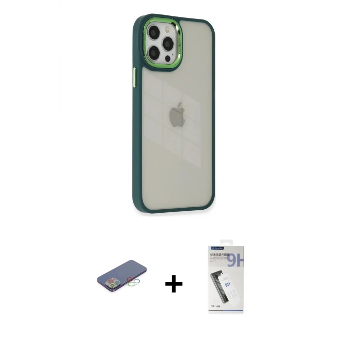 ieg™ iPhone 12 Pro Max Kılıf Eksen Doku Prime - Şeffaf Uv Polymer Nano Ekran Koruyucu + Renkli Kamera Lens Koruma Cam - MI