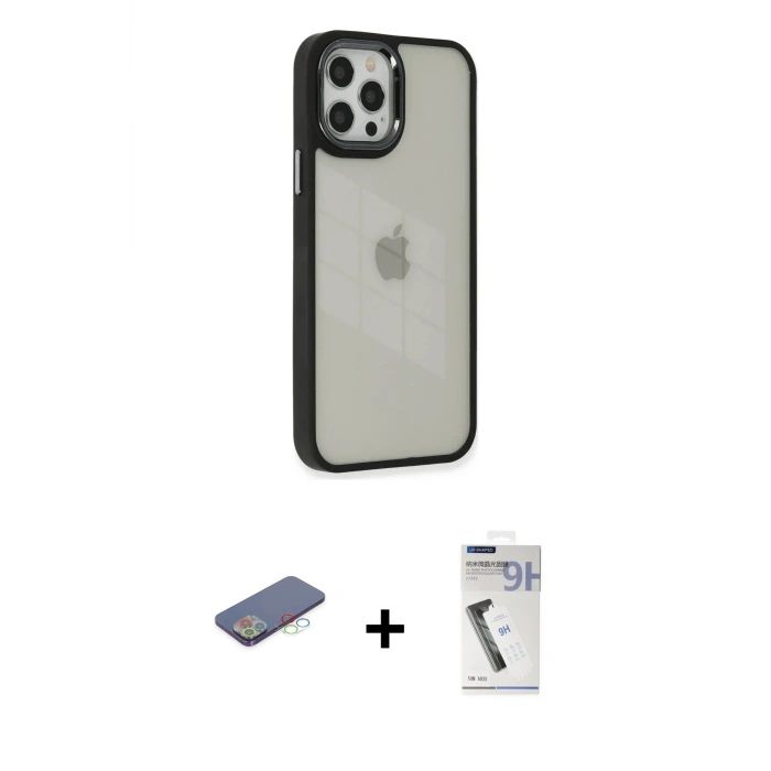 ieg™ iPhone 12 Pro Max Kılıf Eksen Doku Prime - Şeffaf Uv Polymer Nano Ekran Koruyucu + Renkli Kamera Lens Koruma Cam - MI