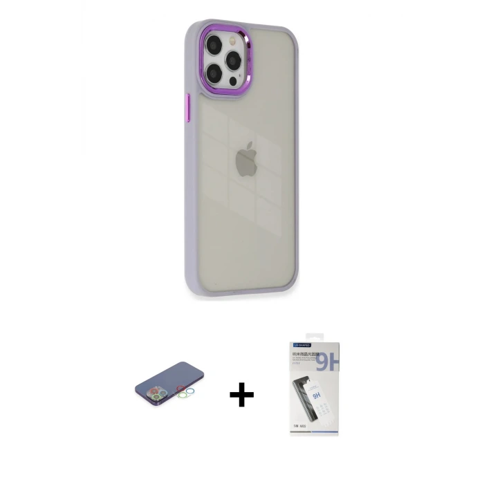 ieg™ iPhone 12 Pro Max Kılıf Eksen Doku Prime - Şeffaf Uv Polymer Nano Ekran Koruyucu + Renkli Kamera Lens Koruma Cam - MI