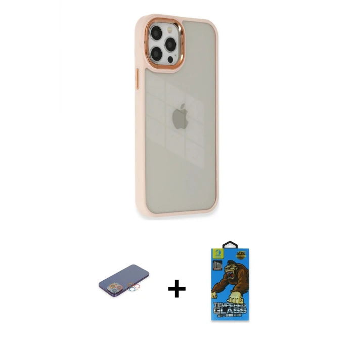 ieg™ iPhone 12 Pro Max Kılıf Eksen Doku Prime - Siyah 18D Cam Ekran Koruyucu + Renkli Kamera Lens Koruma Cam - PE