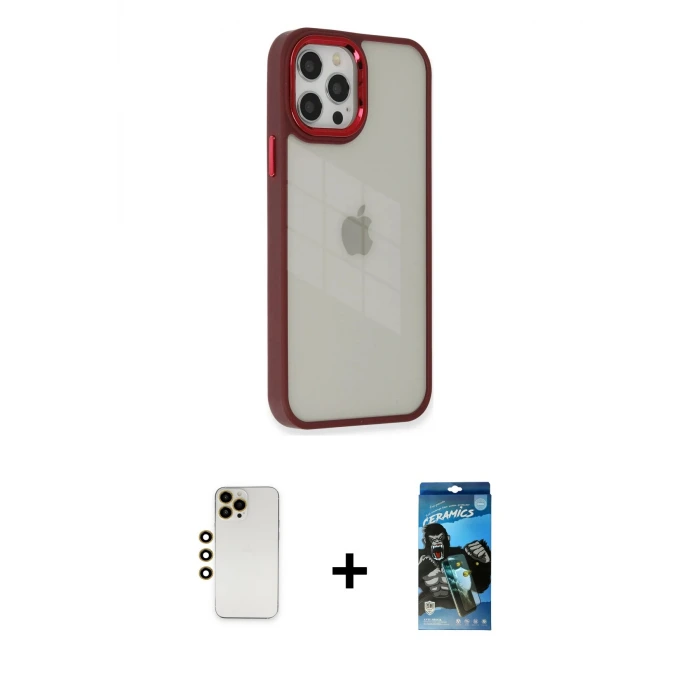 ieg™ iPhone 12 Pro Max Kılıf Eksen Doku Prime - Siyah 34D Izgaralı Cam + Shine Kamera Lens - GD