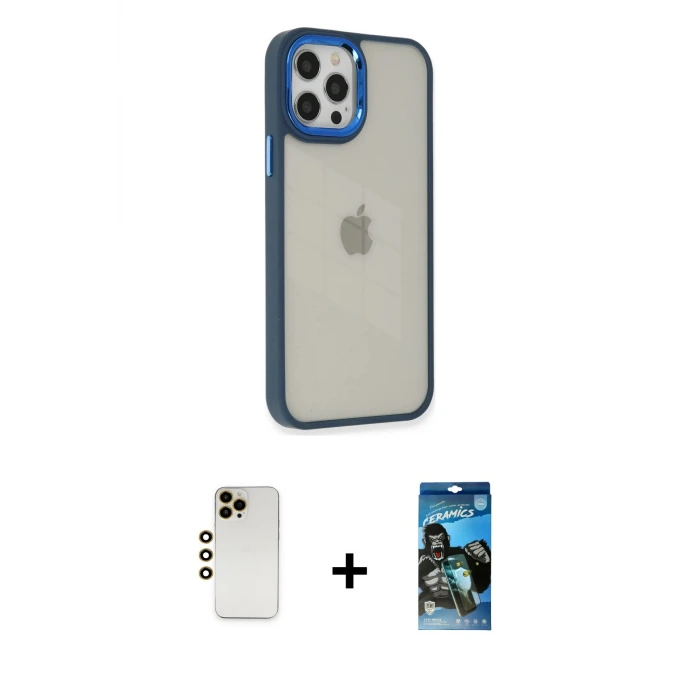 ieg™ iPhone 12 Pro Max Kılıf Eksen Doku Prime - Siyah 34D Izgaralı Cam + Shine Kamera Lens - GD