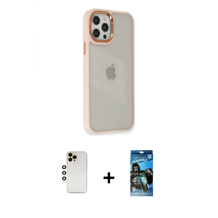 ieg™ iPhone 12 Pro Max Kılıf Eksen Doku Prime - Siyah 34D Izgaralı Cam + Shine Kamera Lens - GD