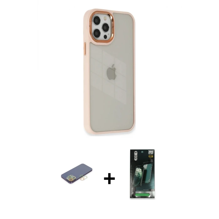 ieg™ iPhone 12 Pro Max Kılıf Eksen Doku Prime - Siyah 360 Mat Full Body Arka Koruyucu + Renkli Kamera Lens Koruma Cam - SI