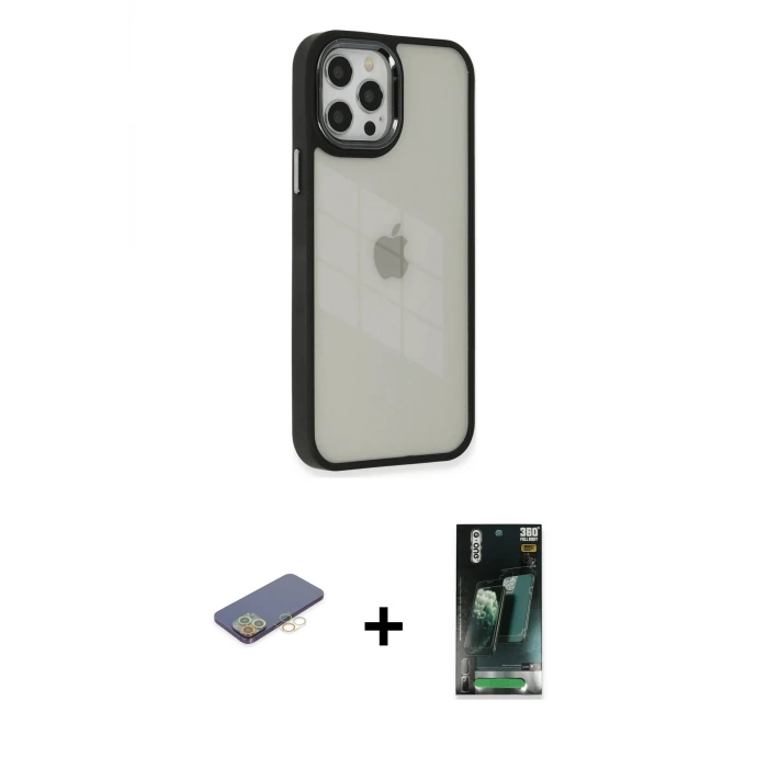 ieg™ iPhone 12 Pro Max Kılıf Eksen Doku Prime - Siyah 360 Mat Full Body Arka Koruyucu + Renkli Kamera Lens Koruma Cam - SI