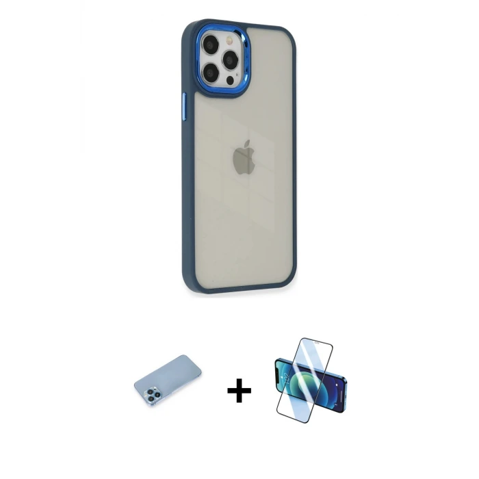 ieg™ iPhone 12 Pro Max Kılıf Eksen Doku Prime - Siyah 3D Antistatik Seramik Nano Ekran Koruyucu + Shine Kamera Lens Koruma Cam - MI
