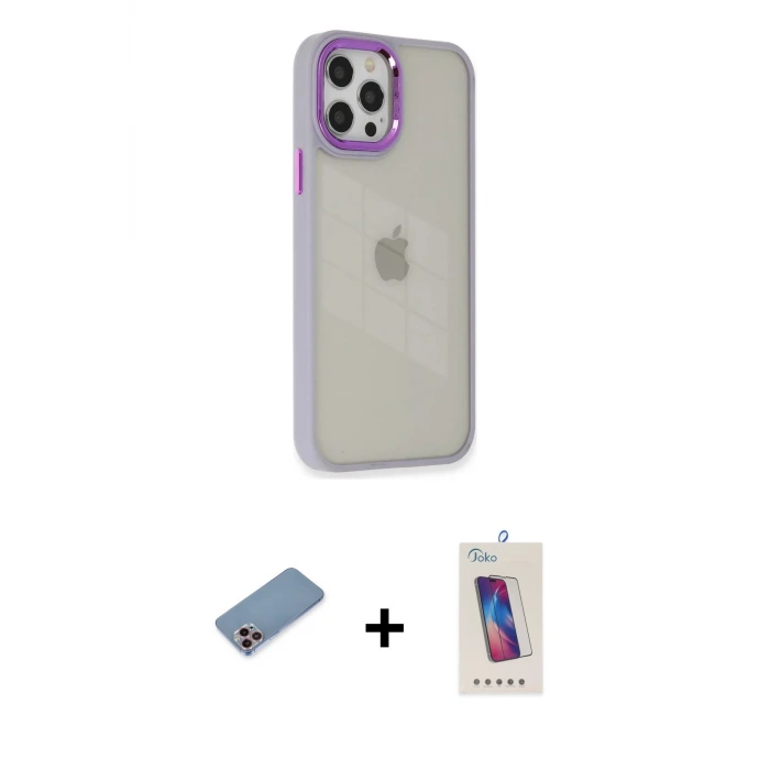 ieg™ iPhone 12 Pro Max Kılıf Eksen Doku Prime - Siyah Joko 5D Cam + Shine Kamera Lens Koruma Cam - PE
