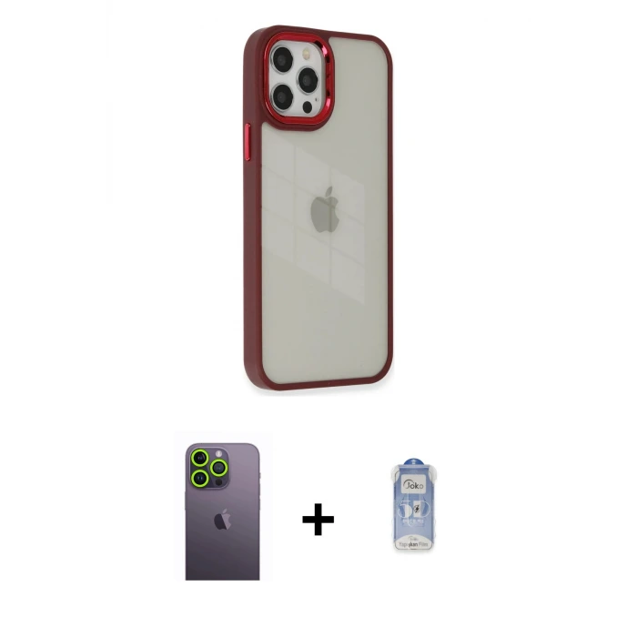 ieg™ iPhone 12 Pro Max Kılıf Eksen Doku Prime - Siyah Joko Magic 5D Cam + Neon Fosforlu Kamera Lens - YL