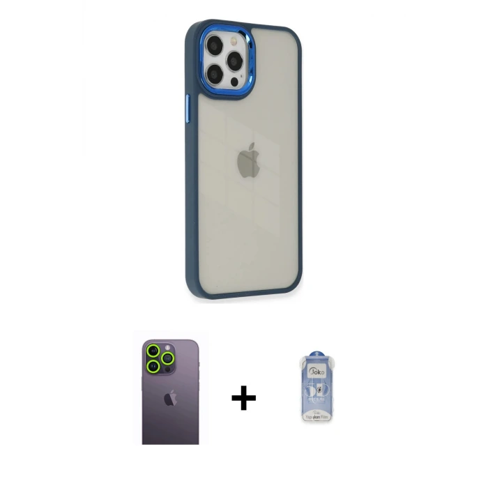 ieg™ iPhone 12 Pro Max Kılıf Eksen Doku Prime - Siyah Joko Magic 5D Cam + Neon Fosforlu Kamera Lens - YL