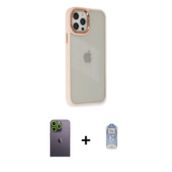 ieg™ iPhone 12 Pro Max Kılıf Eksen Doku Prime - Siyah Joko Magic 5D Cam + Neon Fosforlu Kamera Lens - YL