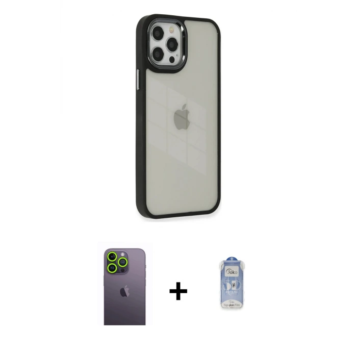 ieg™ iPhone 12 Pro Max Kılıf Eksen Doku Prime - Siyah Joko Magic 5D Cam + Neon Fosforlu Kamera Lens - YL