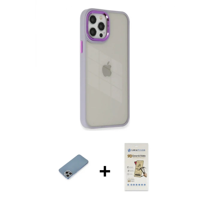 ieg™ iPhone 12 Pro Max Kılıf Eksen Doku Prime - Siyah Mat Seramik Nano Ekran Koruyucu + Shine Kamera Lens Koruma Cam - GI