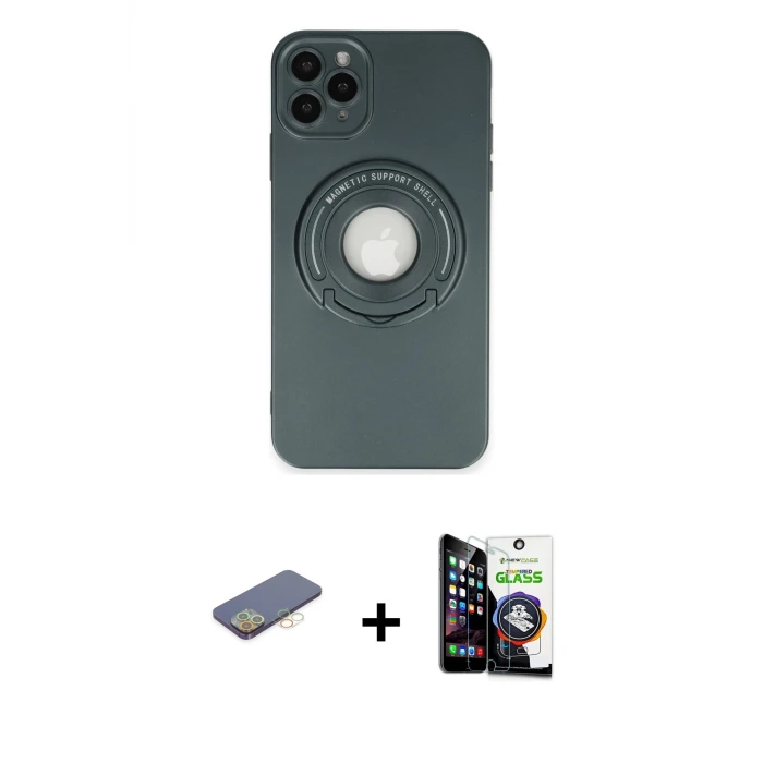 ieg™ iPhone 12 Pro Max Kılıf Eksen Klasik Prime - Şeffaf Temperli Cam Ekran Koruyucu + Renkli Kamera Lens Koruma Cam - SI