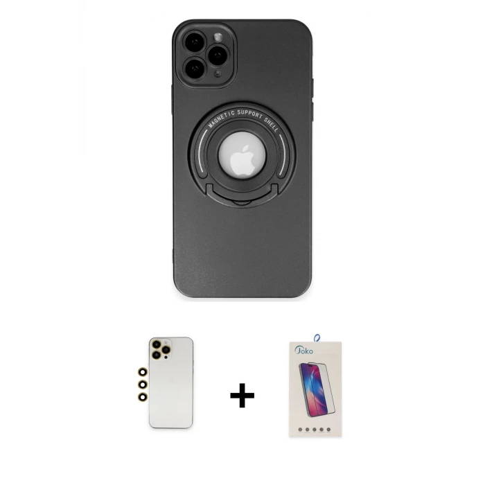 ieg™ iPhone 12 Pro Max Kılıf Eksen Klasik Prime - Siyah Joko 5D Cam + Shine Kamera Lens - GD