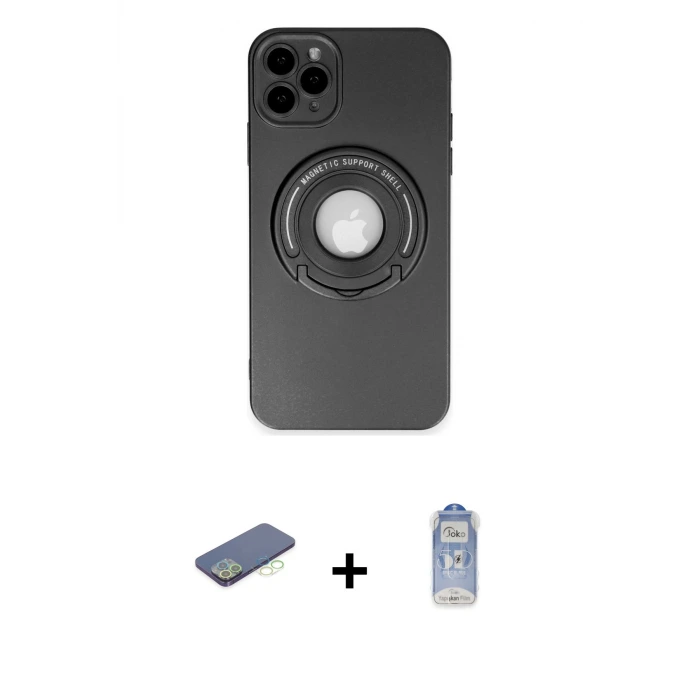 ieg™ iPhone 12 Pro Max Kılıf Eksen Klasik Prime - Siyah Joko Magic 5D Cam + Renkli Kamera Lens Koruma Cam - YL